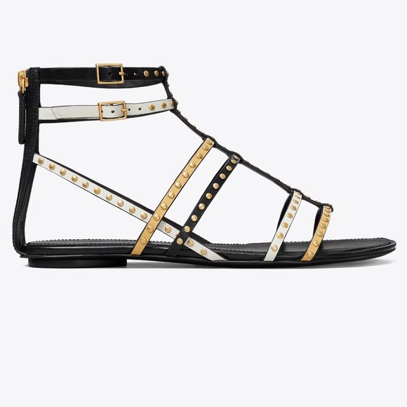 Tory Burch $338 CAPRI GLADIATOR STUDDED SANDAL 3 Tone Leather Black Ivor… - Picture 9 of 9